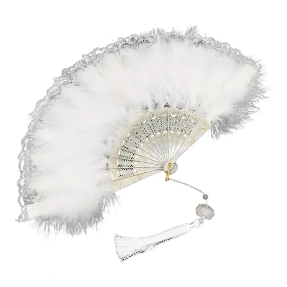 Retro Feather Fan Elegant Vintage Lace Folding Fan with Feather Tassels for Summer Parties Dance Performances Costume