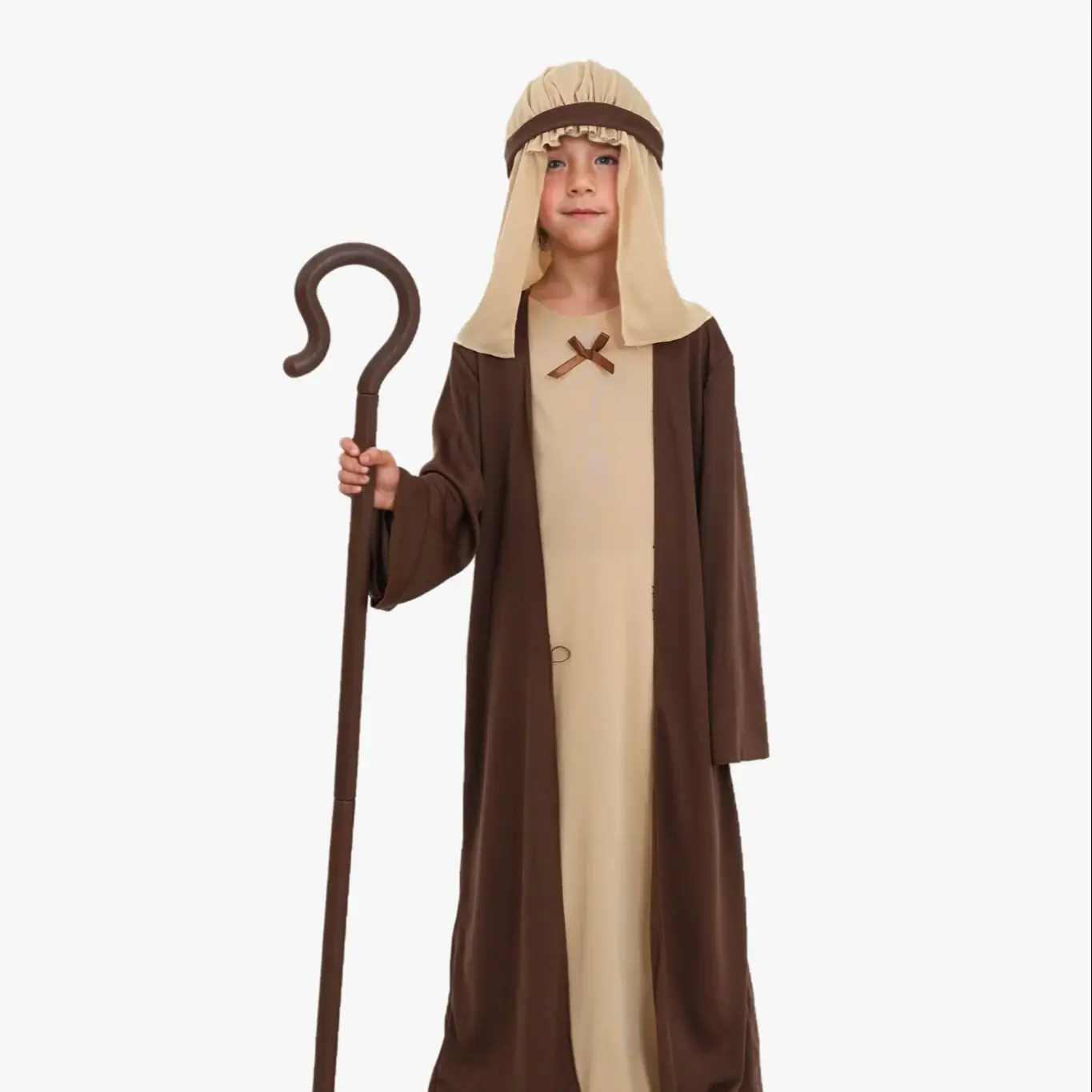 طقم مكون من 3 قطع مناسب لكل من الرجال والنساء، رداء بغطاء للرأس عربي بني عتيق، صولجان رائع، زي حفلات الهالوين التنكرية