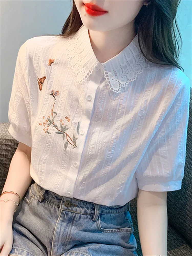 

Вышитая женская рубашка из чистого хлопка с коротким рукавом и воротником-стойкой, летняя, новая модель, прямого кроя, с пуговицами