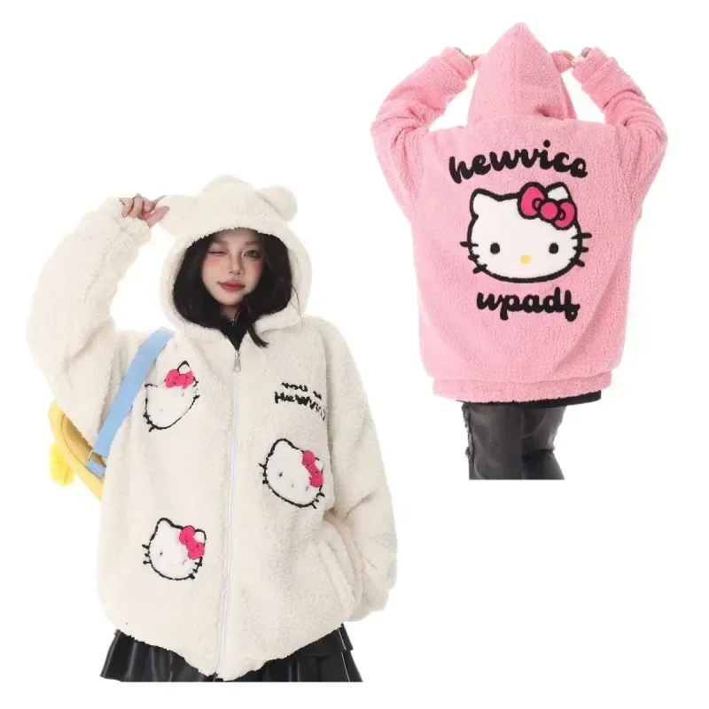 Anime Sanrios Hellokittys Kawaii Women Lambswool Jacket Cartoon Winter Warm Outdoor Cotton Coat Fashion Print Girl Outerwear Y2K