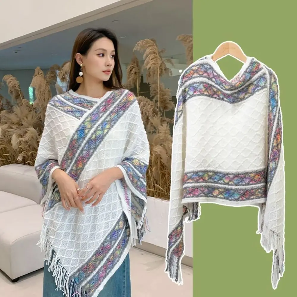 대형 프린팅 민족 스타일 스카프 스트라이프 마름모 니트 케이프 따뜻한 스카프 액세서리 모조 캐시미어 숄 가을 겨울용