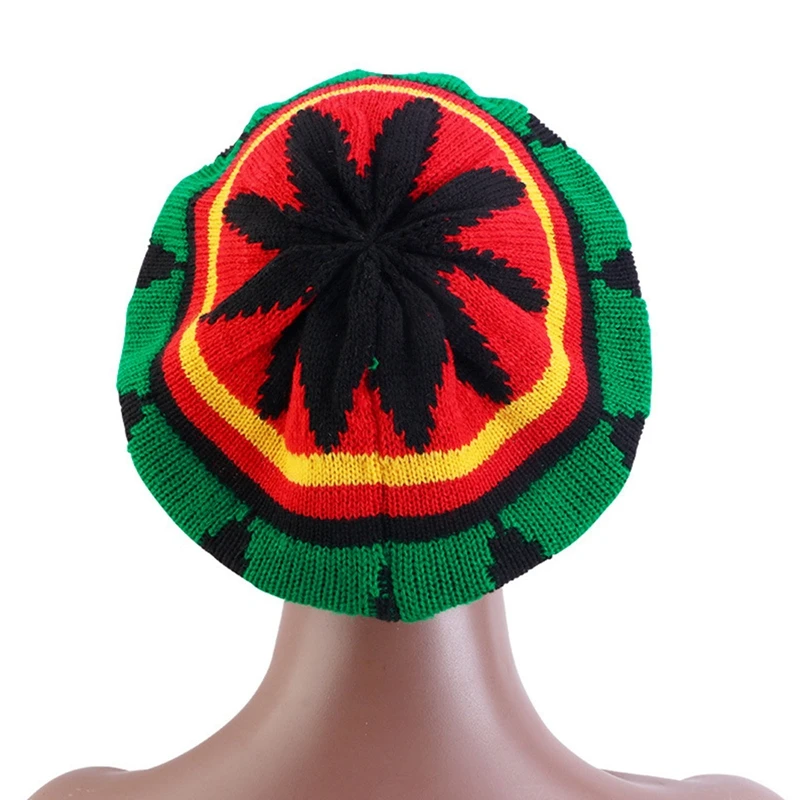 New Winter Knitted Beret Cap For Mens Women Jamaican Rasta Knit Beanie Hat Multi-colour Leaves Hip Hop Fashion Haircover