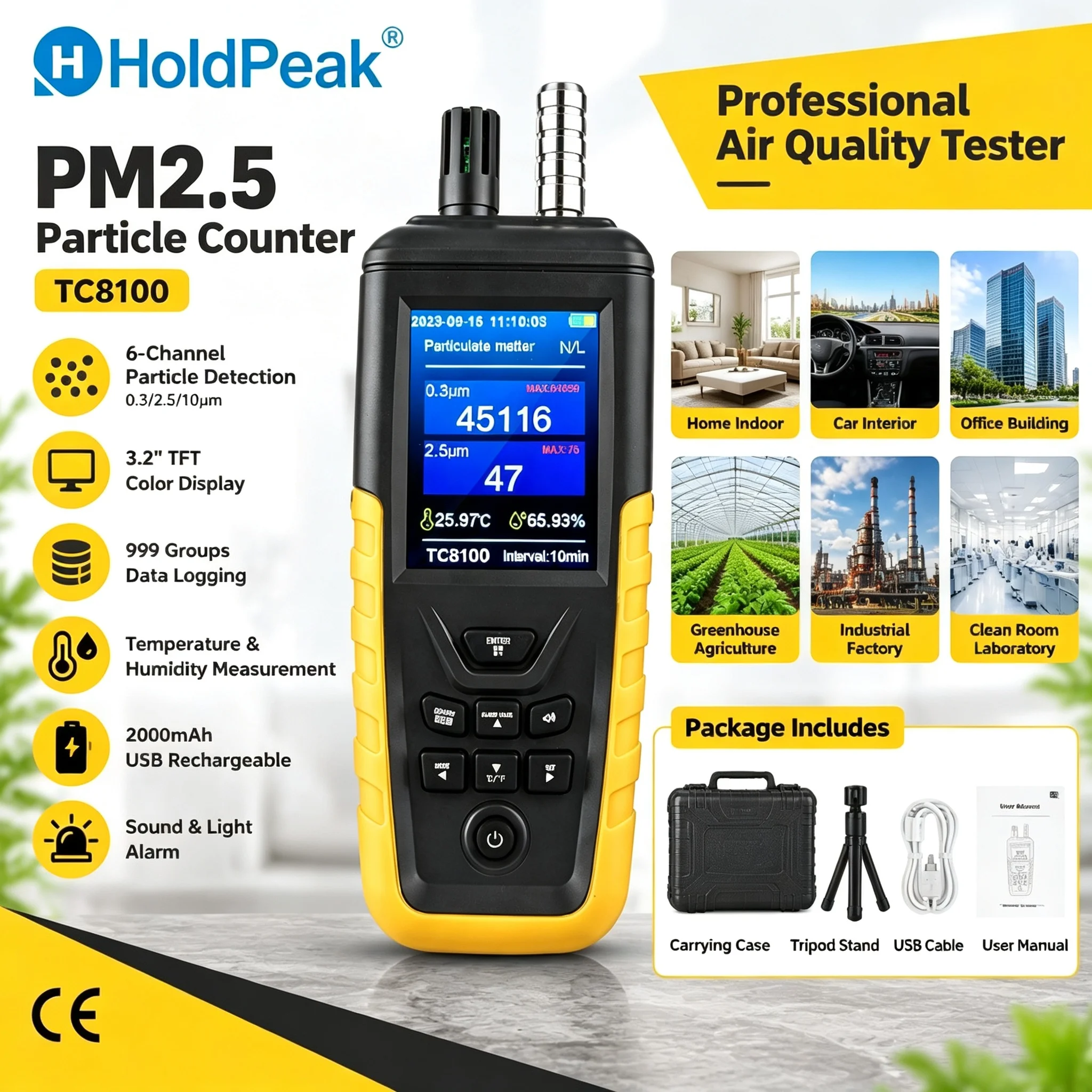 HoldPeak Dust Particle Counter 3-Channel PM2.5 PM10 Detector 0.3-10μm Air Quality Monitor 999 Data Logger TFT Temp Humidity