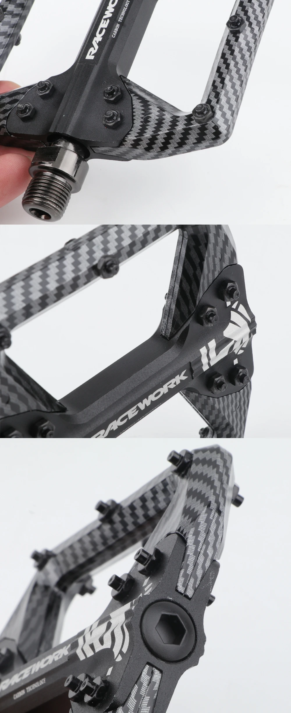 RACEWORK Bicycle Pedals 3 Bearings Mountain Road Bike Carbon Fiber Coating Ultralight Flat Pedal MTB Aluminum Alloy Nylon Pedal