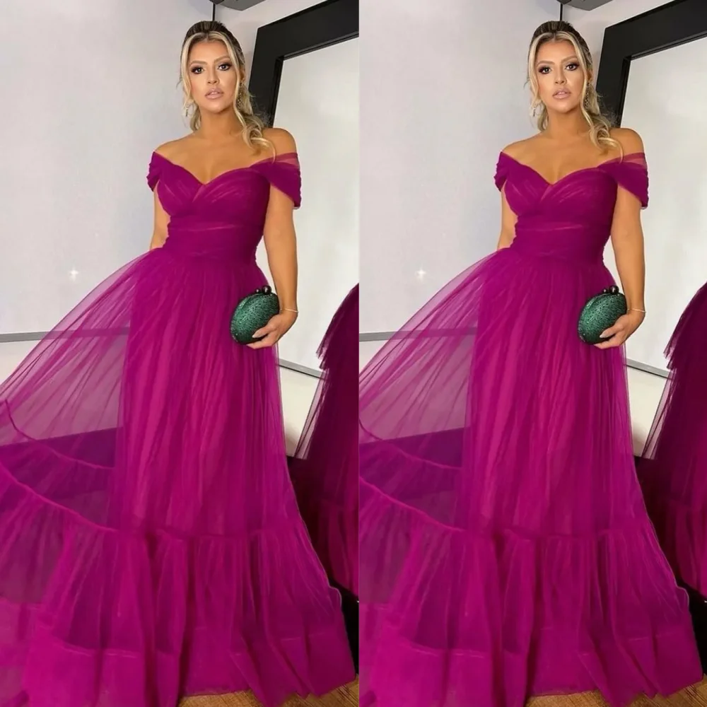 

Evening Saudi Arabia Crepe Ruched Party A-line Off-the-shoulder Bespoke Occasion Gown Long Dresses