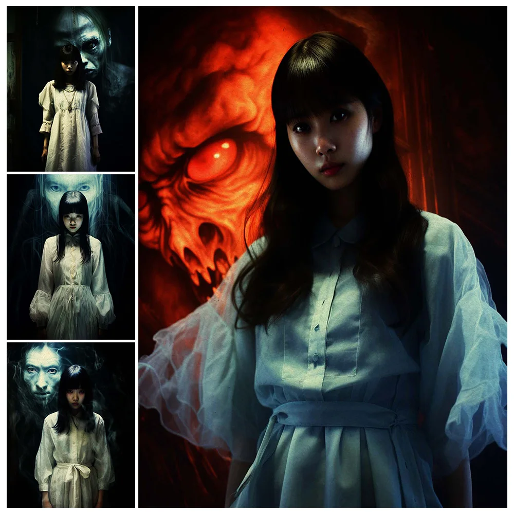 

Asian Girl Followed By Devil Ghost Vintage Wall Art Canvas Painting Horror Girl Gothic Art Poster And Print Home Decor Unframed