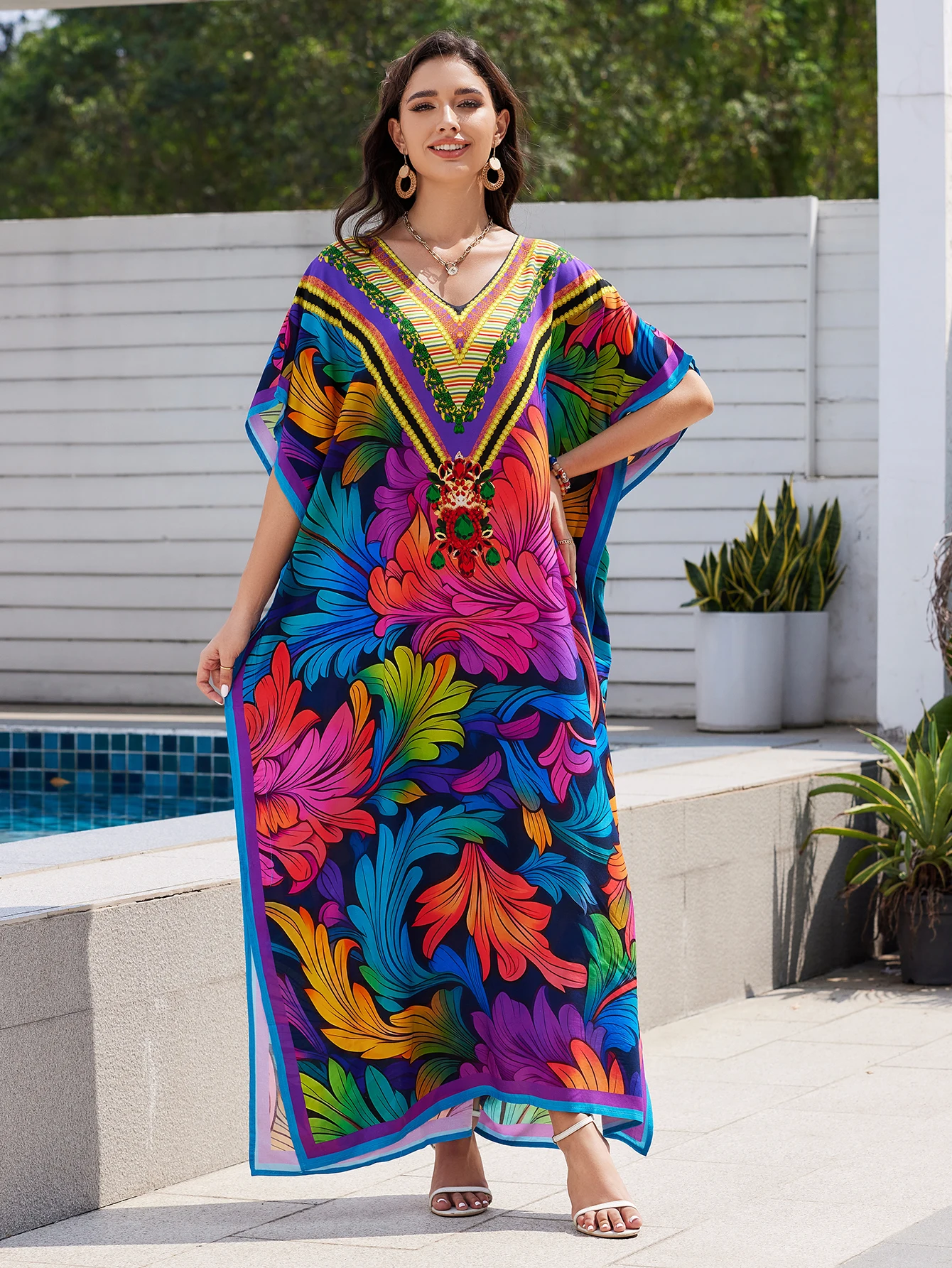 MAKABO Kaftan-jurken voor dames, V-hals Moo Moos Kleurrijke print Cover Ups Kaftan Strandjurken voor badkleding