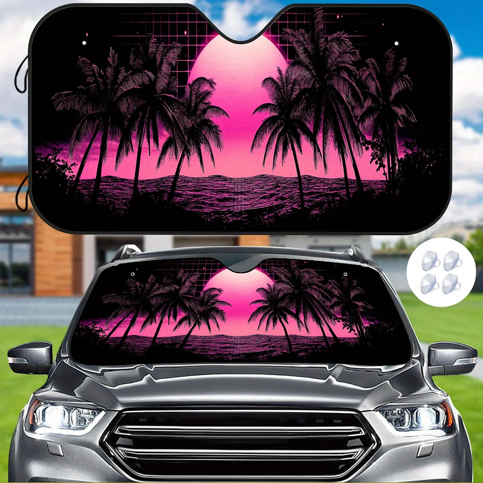 

1pc Pink To Purple Palm Sunset Car Sunshade - Heat-Resistant, Scratch-Proof Windshield Protector Keeps Your Car'S Interior Tempe