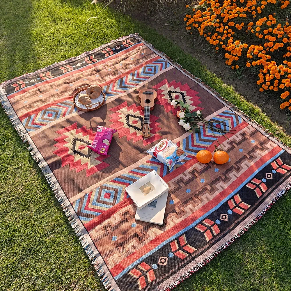 Manta de estilo bohemio occidental, manta para exteriores, manta de picnic para acampar, manta de cama decorativa, cojín de sofá a cuadros, viaje