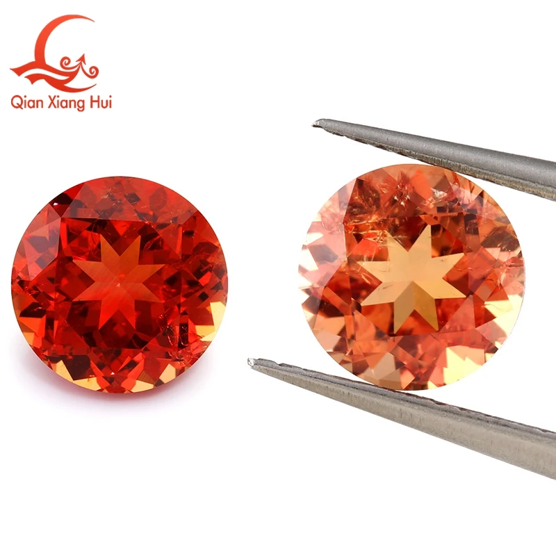 Round Shape Lab-Created Sapphire Padparadscha Red Orange Color Loose Gem Stone Padmaraga Including Minor Cracks Inclusions