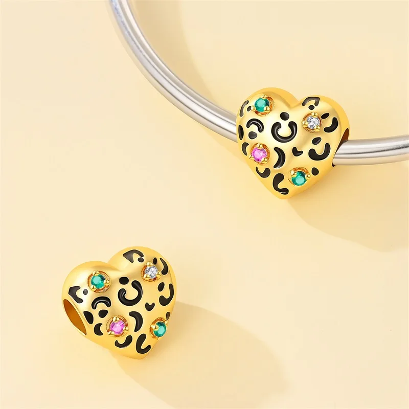 Original 925 Sterling Silver Colorful Zirconium Gold Leopard Print Charms Bead Dangle For Women Fine DIY Birthday Jewelry Gifts