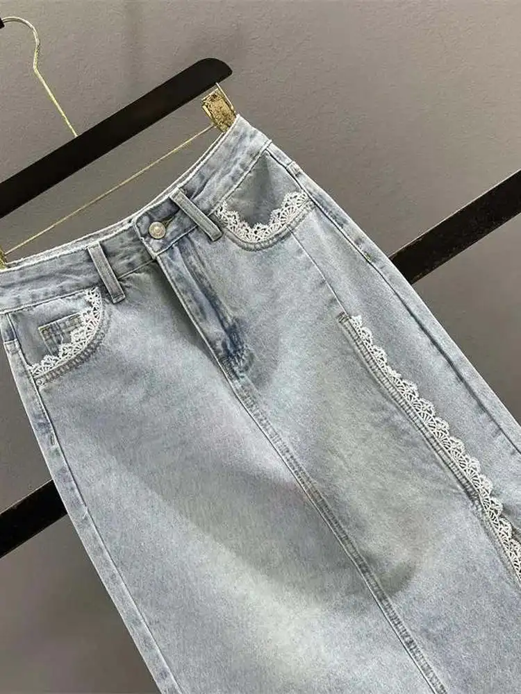 ارتفاع الخصر الدانتيل تقليم شق الدنيم ميدي تنورة المرأة Sli التخسيس مستقيم صالح Bodycon تنورة الكورية Sle مزيج القطن