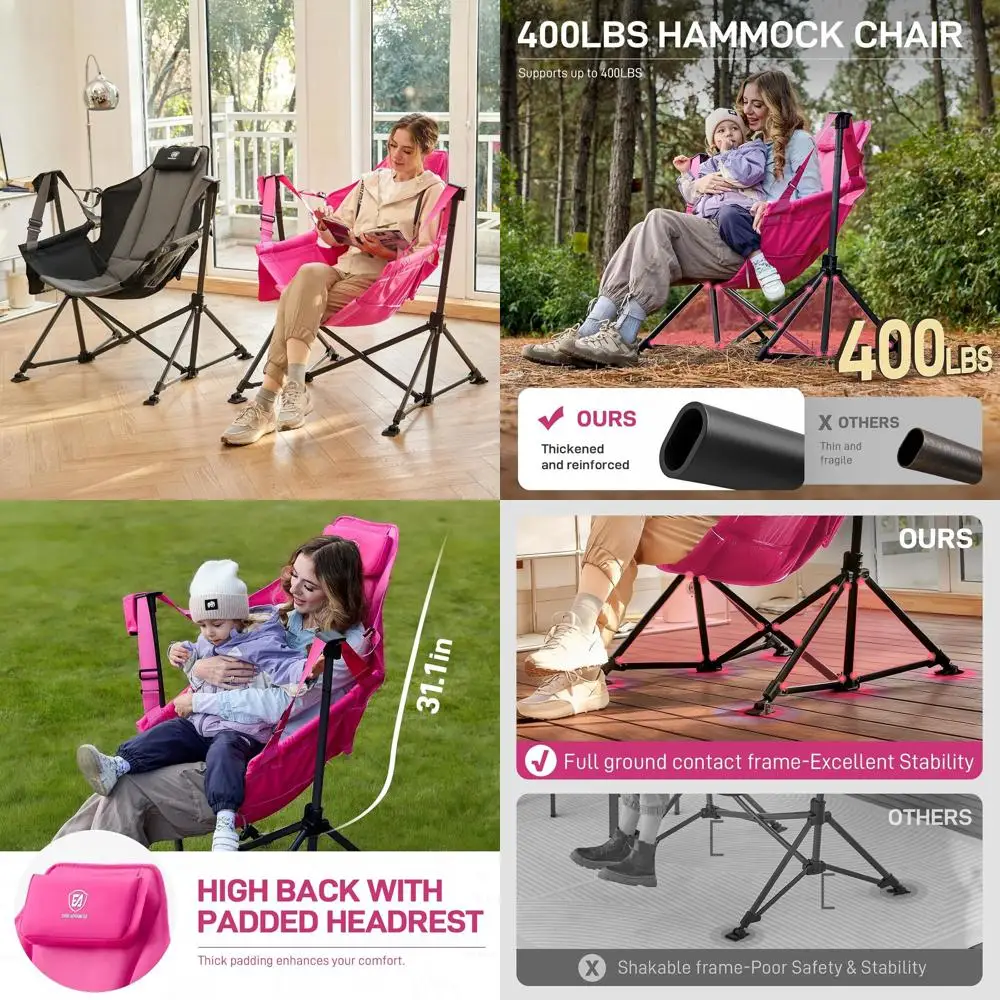 

Портативное усиленное кресло-гамак с мягкой обивкой и местом для хранения, выдерживает до 180 кг, розовое