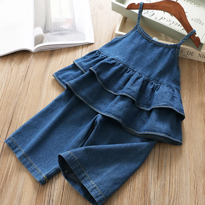 

Summer Girls' Clothing Sets Korean Denim Suspender Jacket Top+Wide Leg Pants 2Pcs Casual Kids Clothes