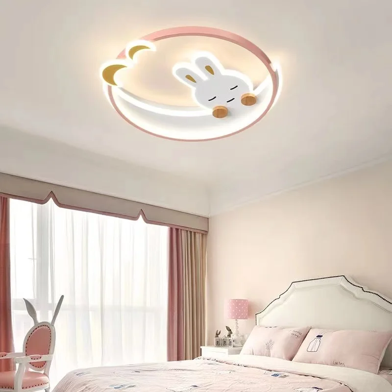 Cartoon rabbit moon chandeliers kids room ceiling lamp pink pretty babys girls room light ceiling люстра потолочная led plafon