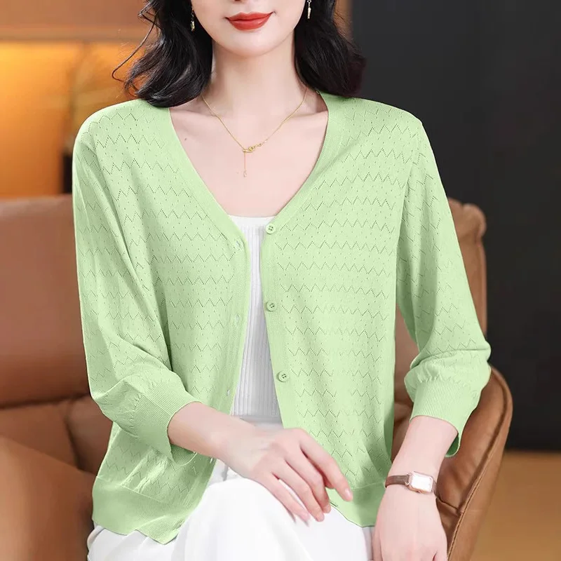 

Летний вязаный кардиган из ледяного шелка с рукавами семь дюймов для женщин, новый сплошной цвет, юбка на подтяжках в сочетании, шаль,