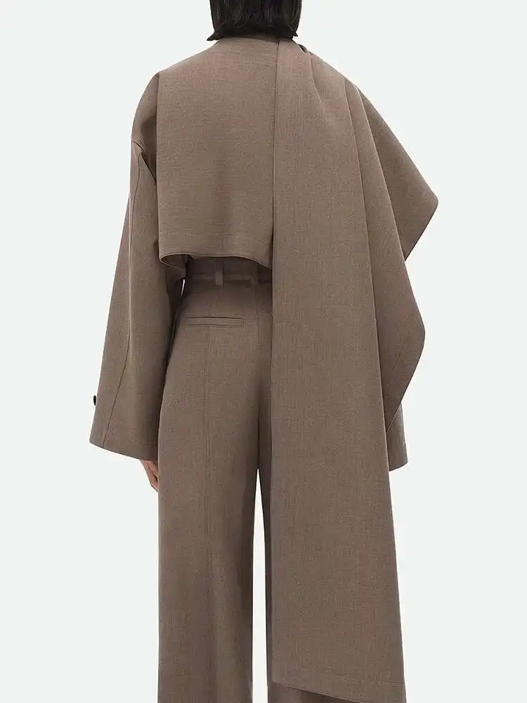 BJTZ Solid Patchwork ปุ่ม Chic เสื้อสําหรับผู้หญิงผ้าพันคอคอยาวแขนยาวไม่สมมาตรเสื้อแจ็คเก็ตสไตล์หญิง