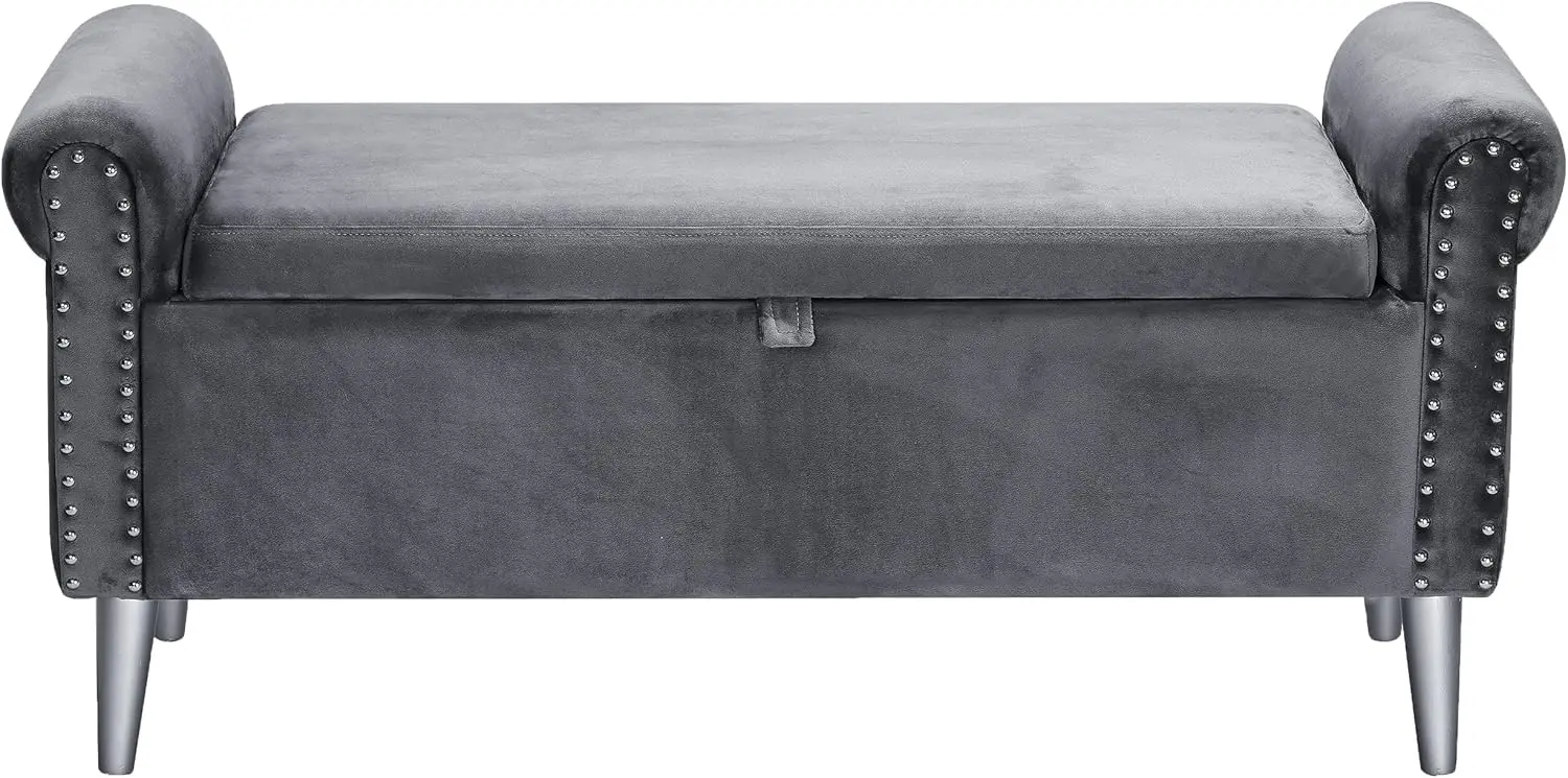 Bench Bedroom End of Bed Bench with Arms Velvet Tufted Upholstered Window Storage Ottoman for Living Room Entryway, Grey