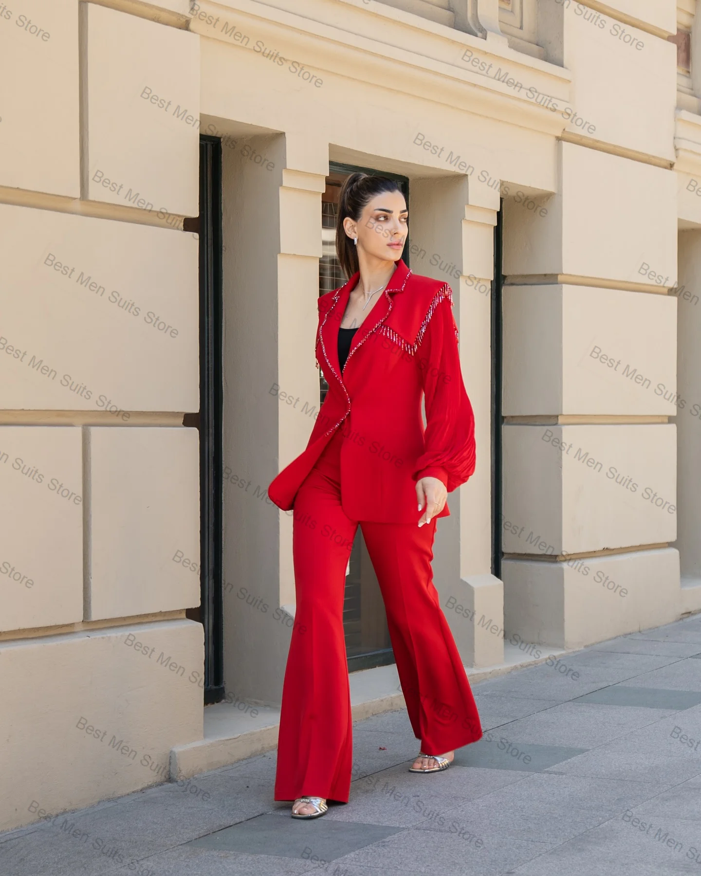 

Red Crystals Women Suit Set 2 Pcs Cape Blazer+Pants Trousers Beading Formal Office Jacket Customized Wedding Guest Coat