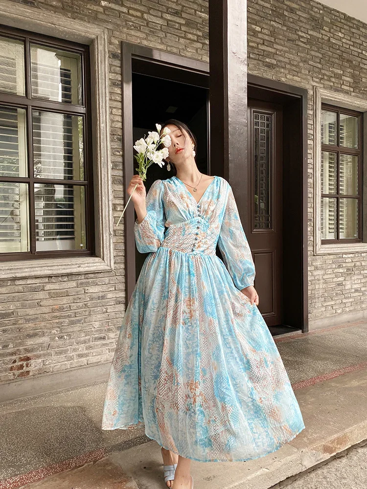 GypsyLady French Elegant Floral Maxi Dress Chiffon V-neck Blue Long Lantern Sleeve Women Boho Casual Holiday Ladies Dresses New