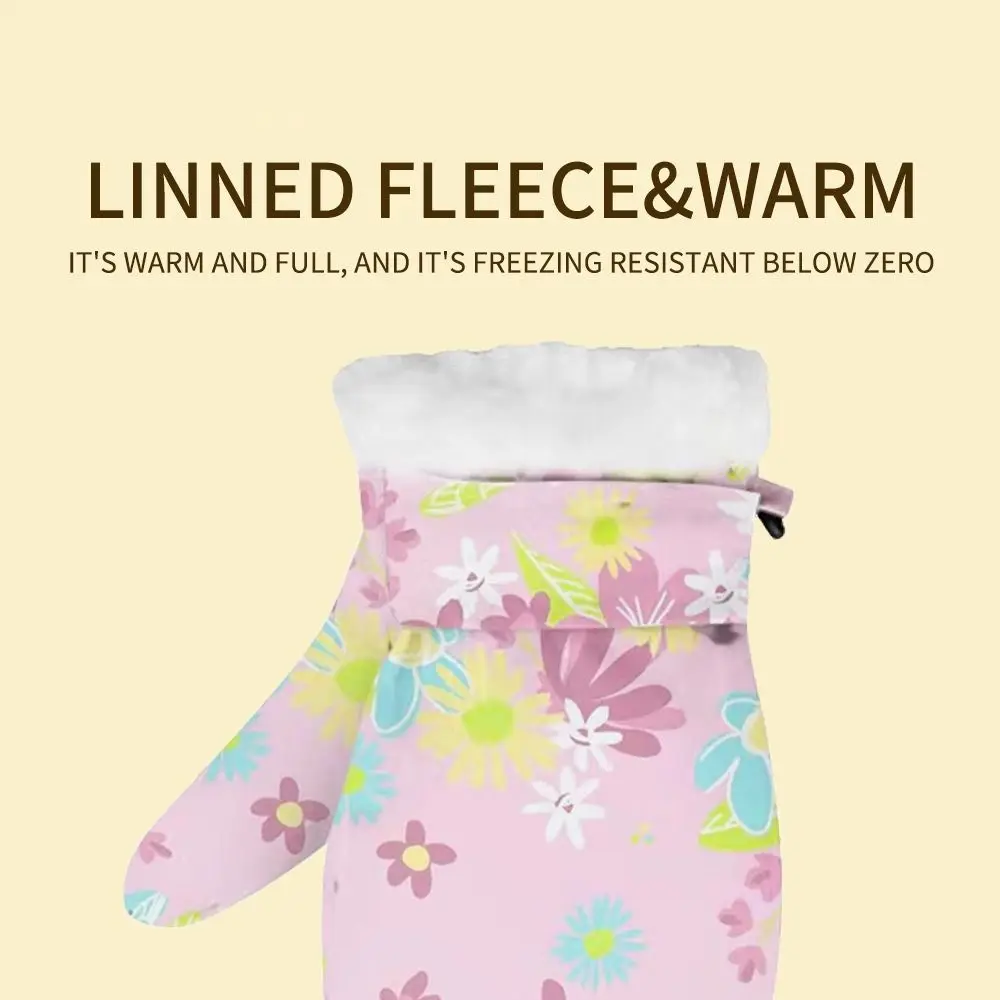 Cute Floral Waterproof Mittens Anti‑Lost Clip Fleece Lined Snow Mittens 2-6Years Winter Gloves