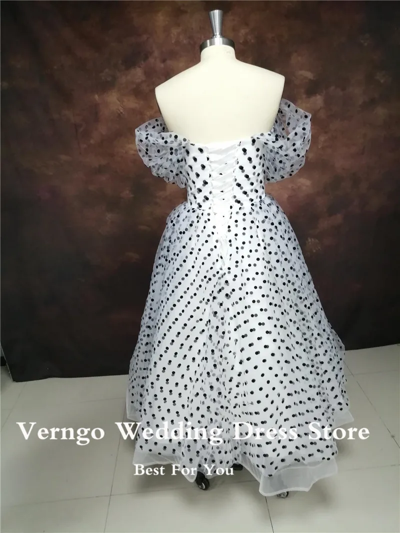 Verngo Off the Shoulder 2023 Princess Dot Tulle Short Prom Dresses Tea Length Short Sleeves Formal Party Gowns Evening Wear