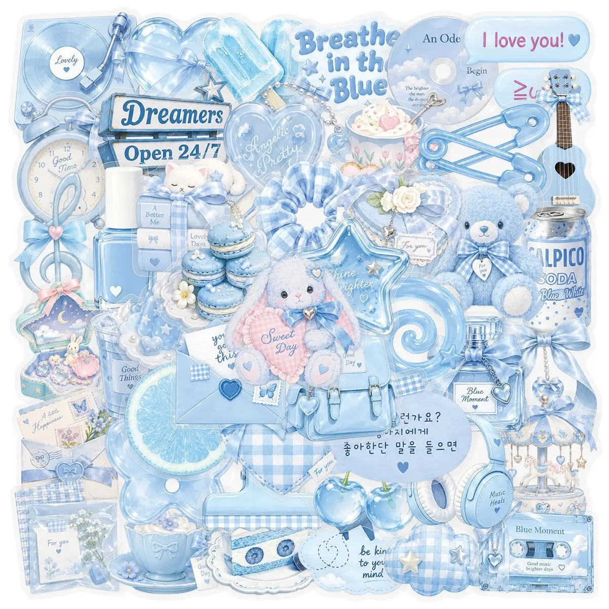 50-Pack Serene Blue Freshness Stickers Set for Mobile Phone Case Notebook Guitar Water Cup Decoration Gift Stickers