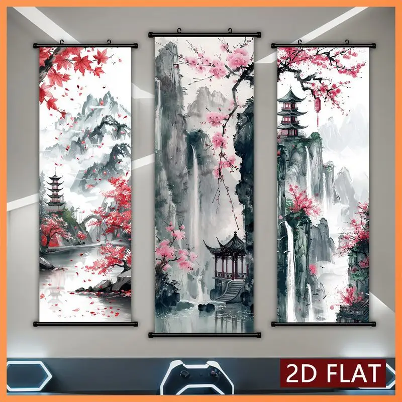 VIKAMA Ink Wash Autumn Landscape Wall Tapestry Maple Peach Blossom Pavilion Waterfall Scroll Art Home Decor Fresh Style Soft