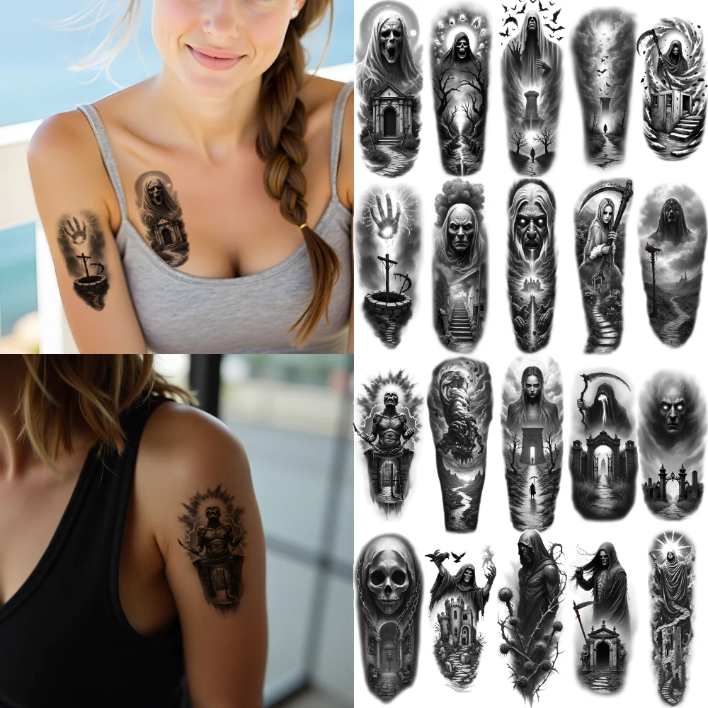 

12pcs Temporary Tattoo Horror Tattoos Black And Grey Realism Gothic Tattoos Skull Tattoos For Arms Adults Women