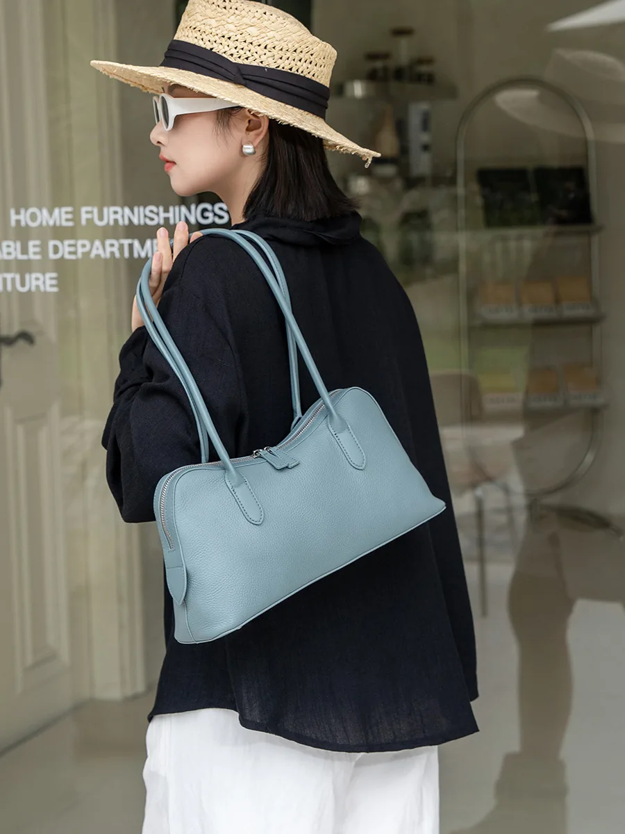 Genuine Leather Large Capacity Shoulder Bag Simple Versatile  Senior Sense Top-Grain Cowhide Tote Bag Korean Version Pillow Bag