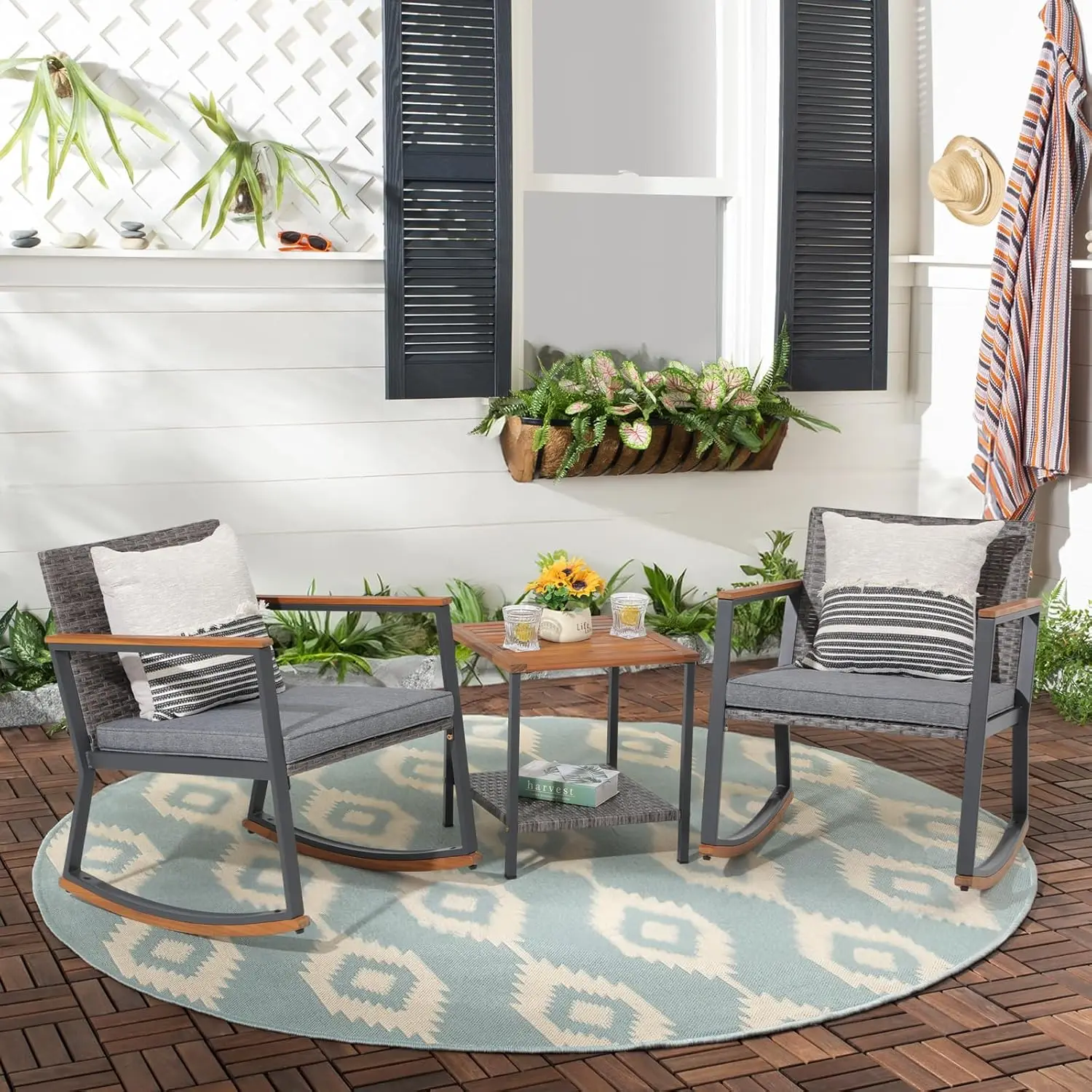 Outdoor Rocking Bistro Set, cadeiras com mesa de café e almofada, Móveis de vime, Pátio e Quintal, 3 PCs