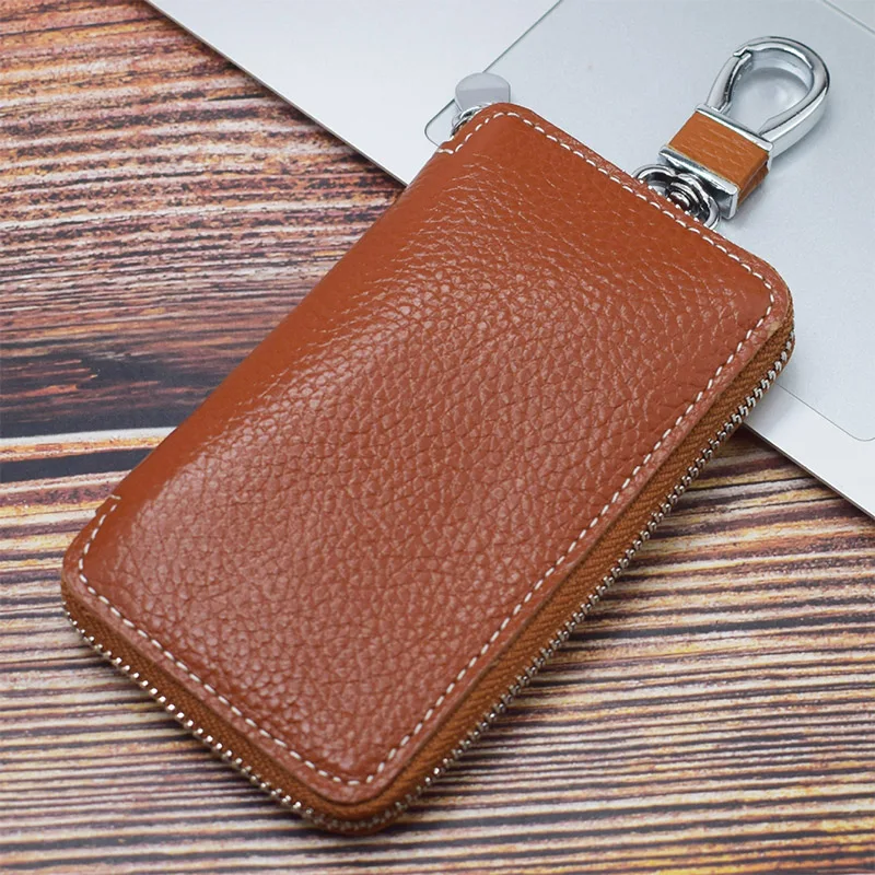 

Simple Keychain Bag Genuine Cowhide Leather Fashion Car Keys Organizer Key Case Retro Keychain Purse Square Zipper Key Wallets