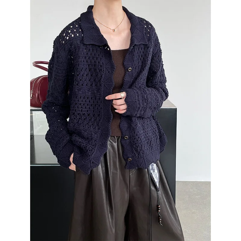 

Taochuan Korean Sle Wave Lace Knitted Open Cardigan Single Button Hollow out Sweater Outerwear Bamboo Cotton Knitwear