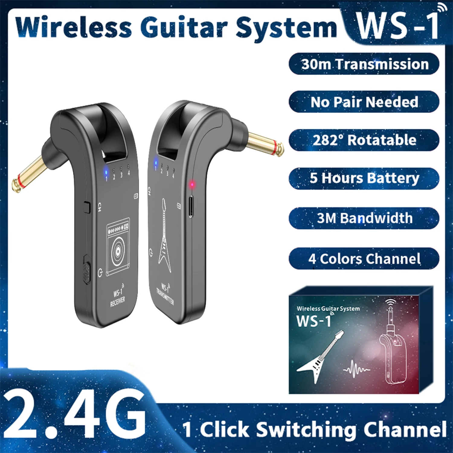 

WS-1 2.4GHz Wireless Guitar System Rechargeable Audio Transmitter and Receiver 4 Channels 30m Transmission 282º Rotatable Head