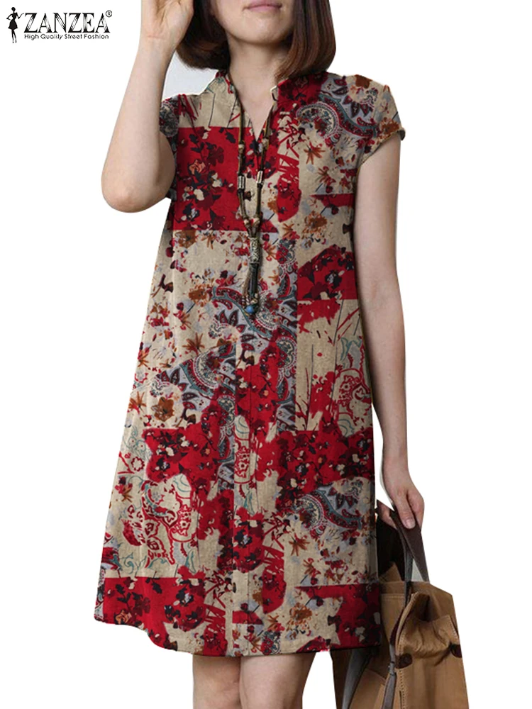 ZANZEA Sommer Vintage Floral Bedruckte Sommerkleid Frauen Kleider 2025, Casual Kurzarm Böhmischen Urlaub Vestidos Knielangen Robe