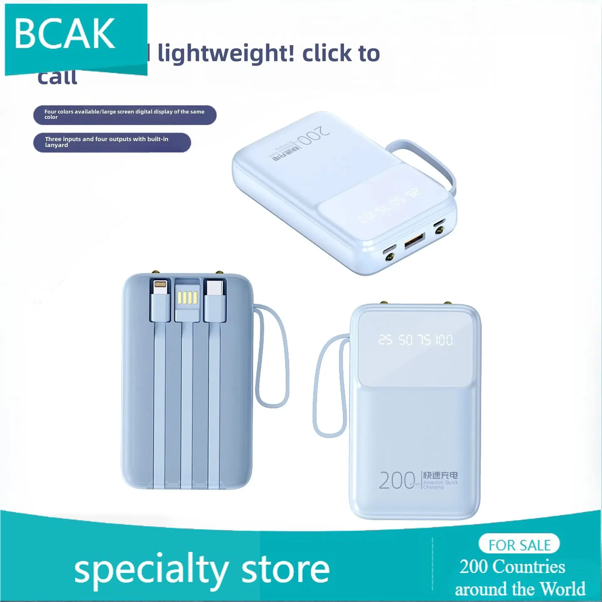 BCAK  New Model Has Its Own Cable Power Bank Super Fast Charging Mini 20000mAh Mobile Power Supply for IPhone Xiaomi Samsung