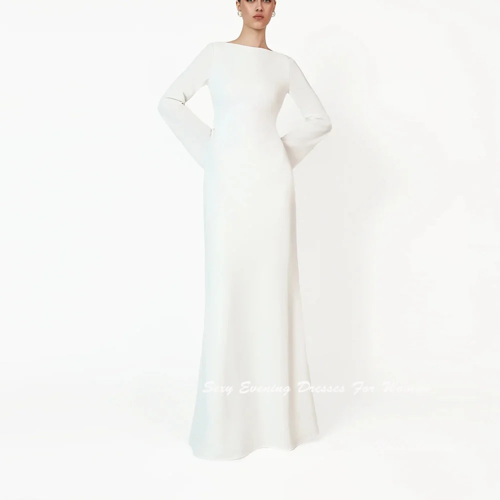 

Customized White Crepe Wedding Dresses For Sexy Women Evening Dress With Pearls On Back Floor-length Backless Summer Prom Dress