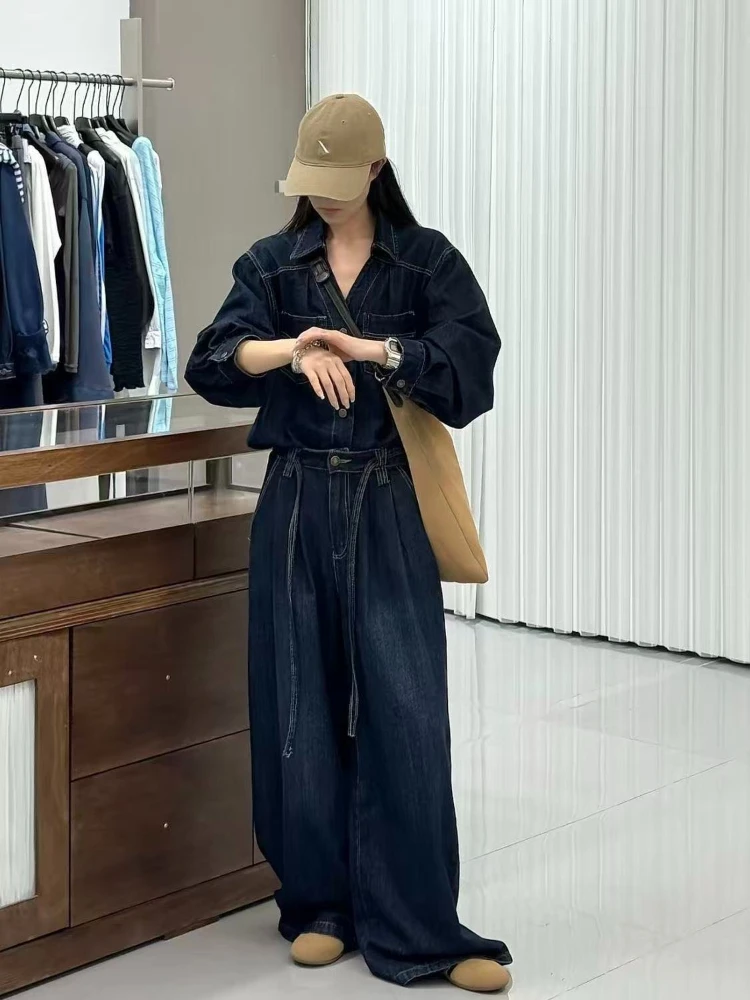 

Весенний новый корейский комплект в ретро-стиле: рубашка с воротником-поло и длинными рукавами + свободные широкие брюки, женский повседневный комплект из двух предметов.