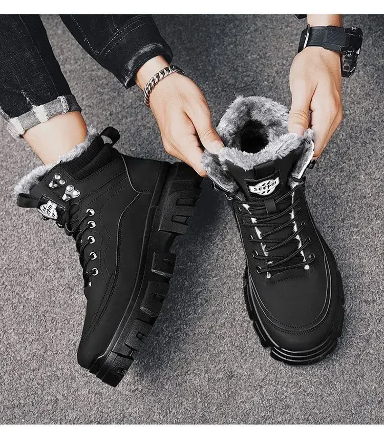 

Men's Winter High-Top Boots British Style Cargo Plus Fleece Cotton Shoes Thick Soled Outdoor Ankle Height Increasing Shoes