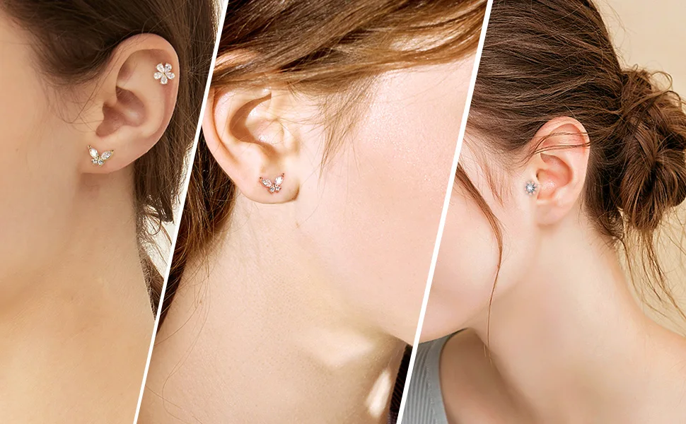 Drperfect 1 Stück Knorpel-Ohrstecker für Frauen, Chirurgenstahl, flache Rückseite, Schmetterling, Blume, Tragus, Helix, Piercing-Schmuck – Detail 8