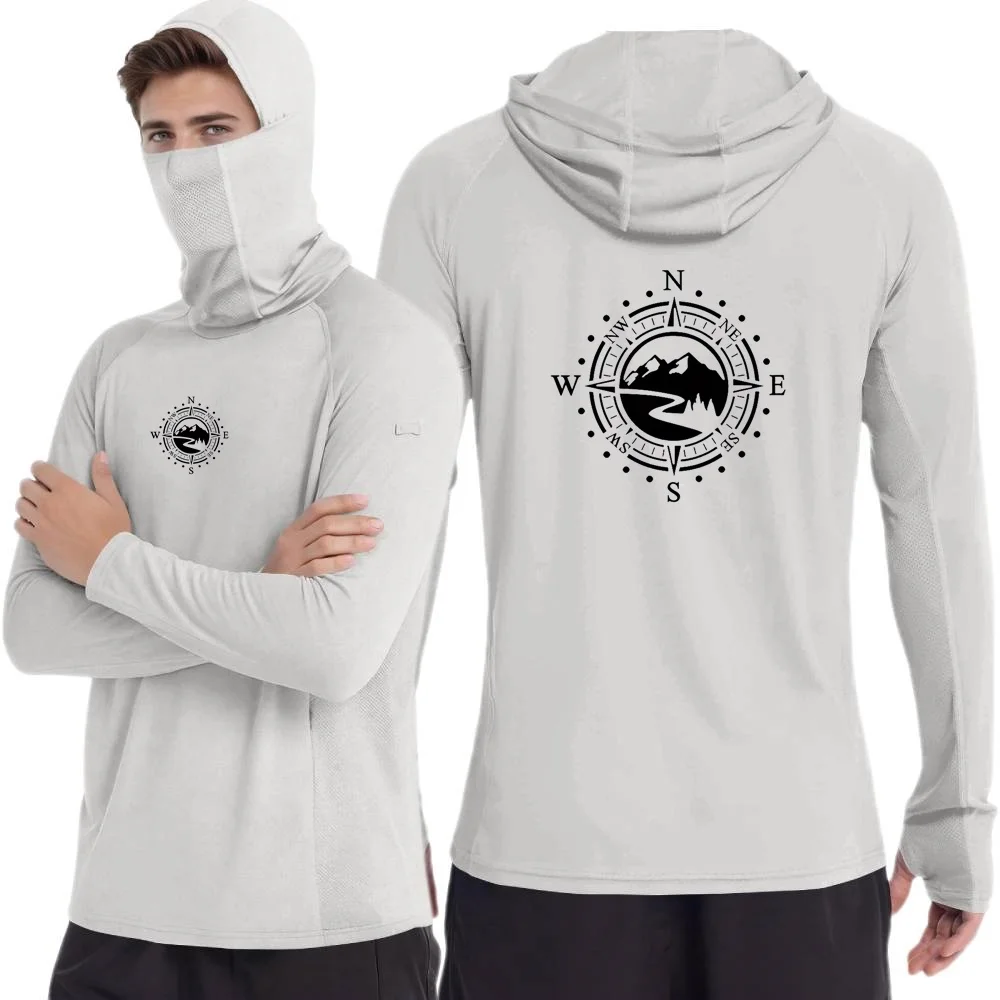 Large Compass Pattern Men's UPF50+ Performance Long Sleeve Casual Sun Protection T-Shirt Running Quick Dry Sunscreen Wear Ice