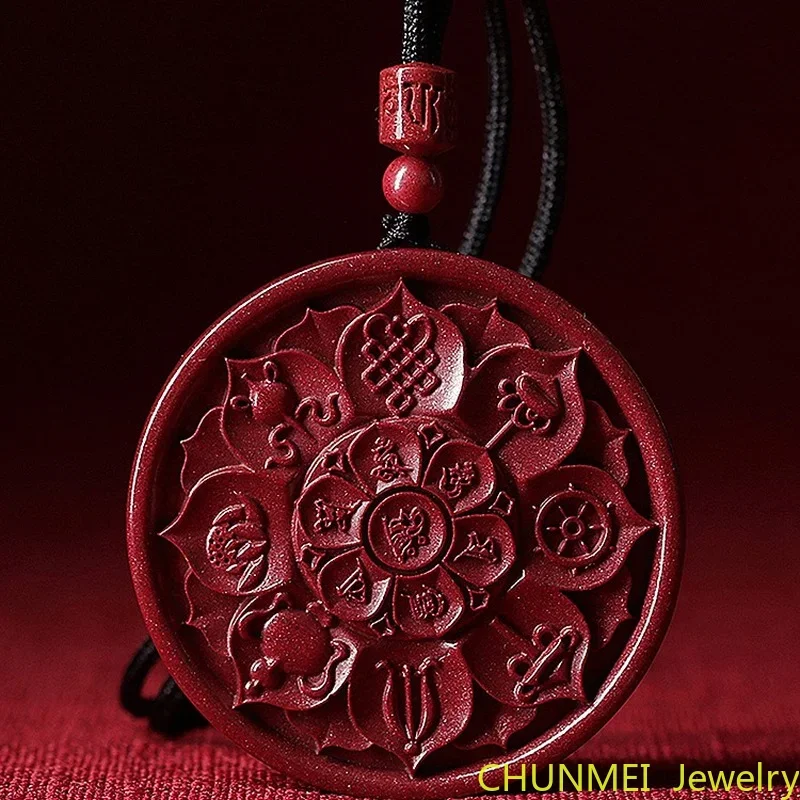 2022 Mineral Cinnabar Flower Pendant Buddhism Guanyin Six-character Mantra Lotus Tag Pendant Purple Gold Sand Pendant Cinnabar