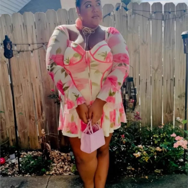 ผู้หญิงแฟชั่นชุดลําลองแขนยาว Tie Ruffle ดอกไม้ชุด Full Body พิมพ์เซ็กซี่หญิง Night Club Vestido