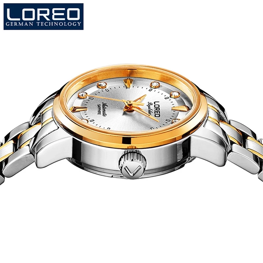 Loreo safira moda feminina relógio mecânico automático senhora pulseira de couro alta qualidade casual relógio de pulso à prova dwristwatch água