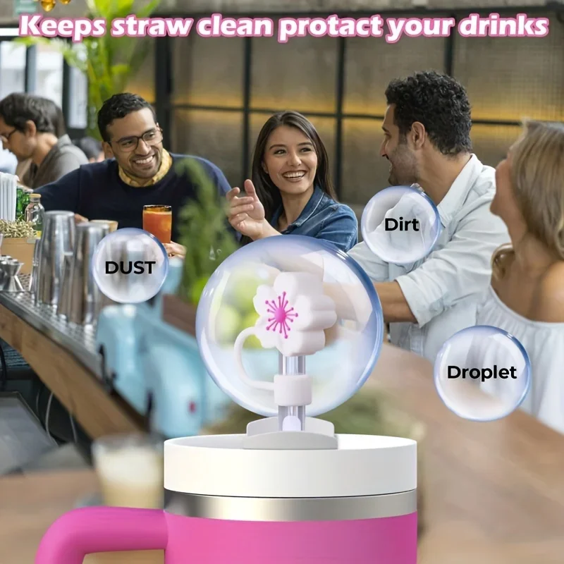 5 szt. Silikonowych Końcówek do Słomek Sakuras, Uniwersalne Nakładki na Słomki z Kwiatowym Wzorem, Akcesoria do Napojów Wielokrotnego Użytku do Kubków 10 mm