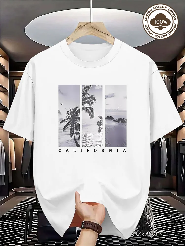 تي شيرت رجالي مطبوع عليه شجرة النخيل في كاليفورنيا ونمط المحيط من القطن الخالص بأكمام قصيرة، بلوفر صيفي كاجوال برقبة دائرية S-2XL
