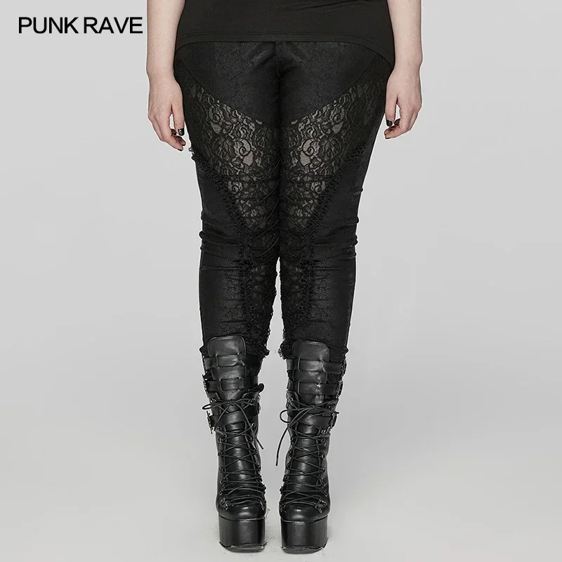 

PUNK RAVE Women's Gothic Elastic Printed Woven Pants Eye-catching Bright Cashew Pattern Lace Patch Pockets Leggings Autumn