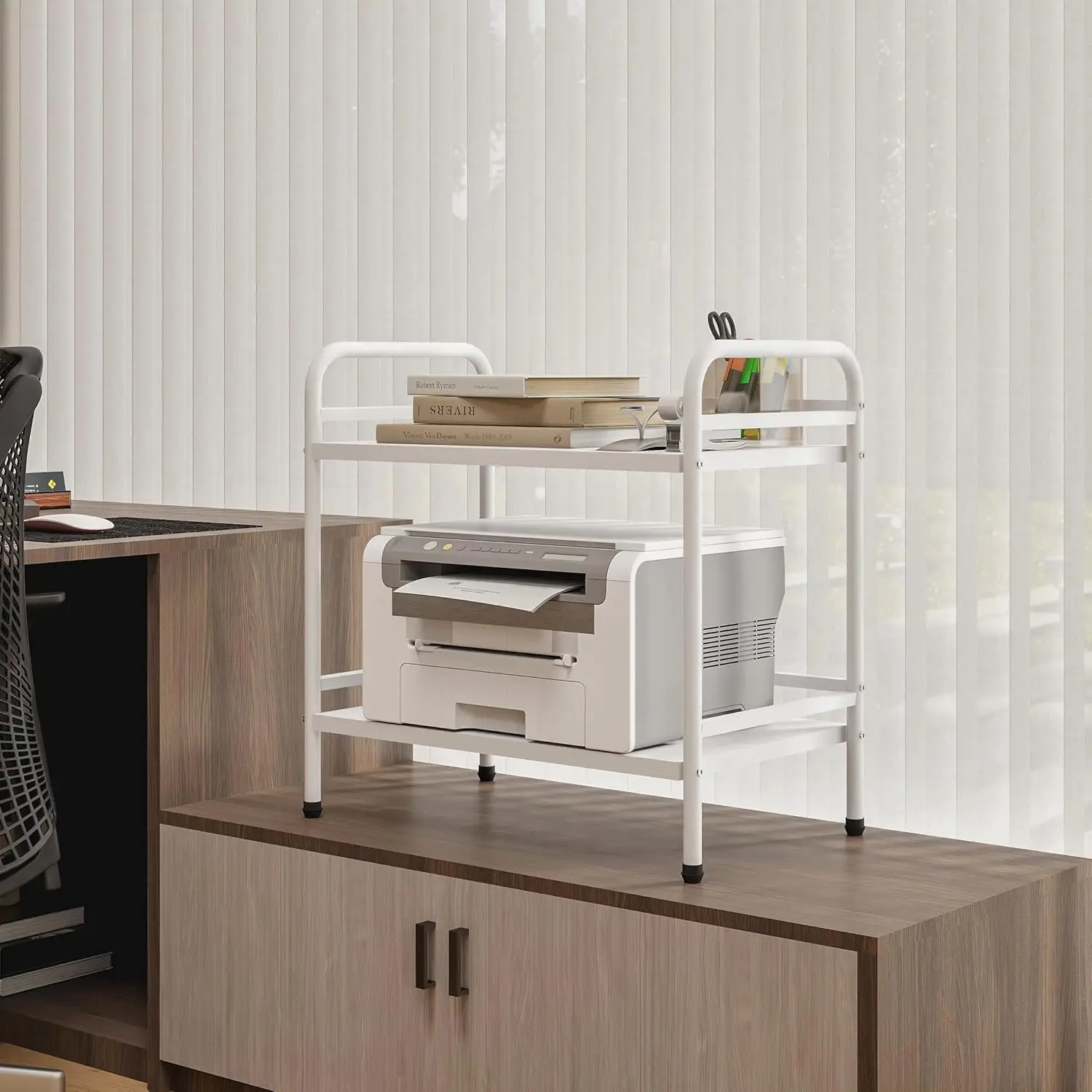 

2 Tier Under Desk Printer Stand with Storage,Microwave Storage Rack,Metal Rolling Printer Cart with Wheels for Home Office,White