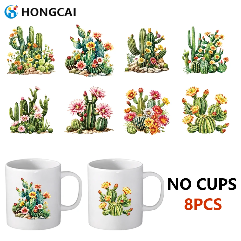 8Pcs UV Crystal Transfer Stickers | Watercolor Cactus, Waterproof Wear-resistant, for Mugs, Glass Cups, Phone Cases & Stationery