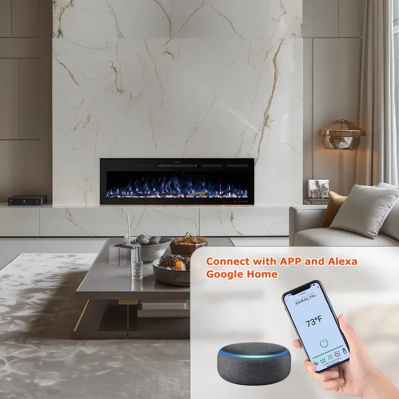 2026for 80 Inch Wall Mounted Recessed Electric Fireplace with Multi Flame Log Bed Colors and Smart APP Control
